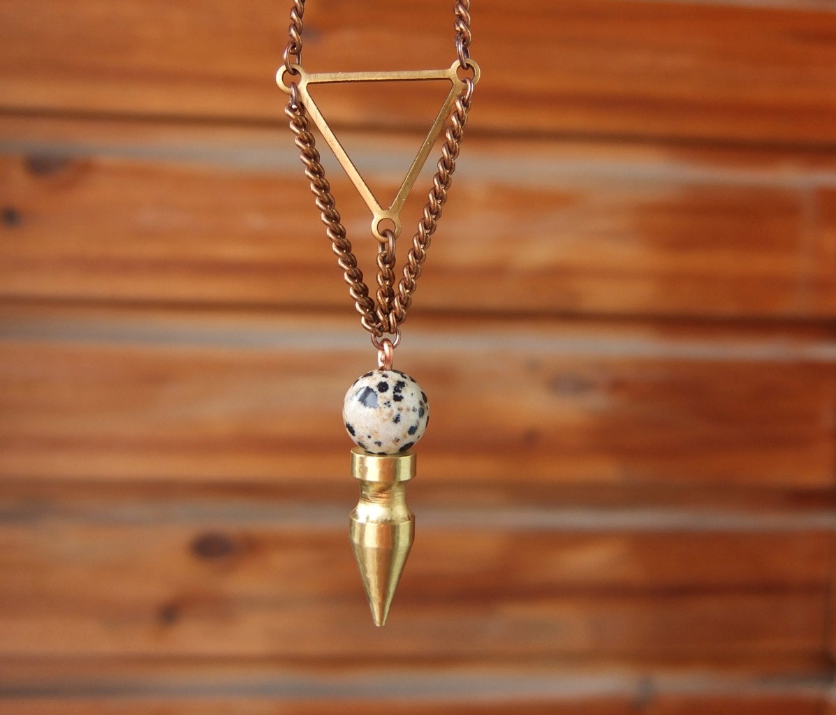 Brass Triangle, Spike & Dalmatian Jasper Ball Necklace