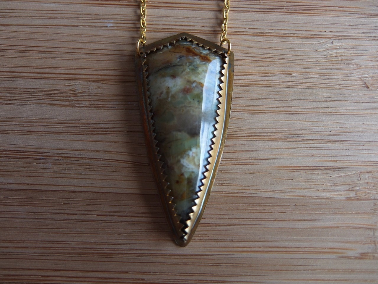 Spiderweb Agate Brass Shield Necklace