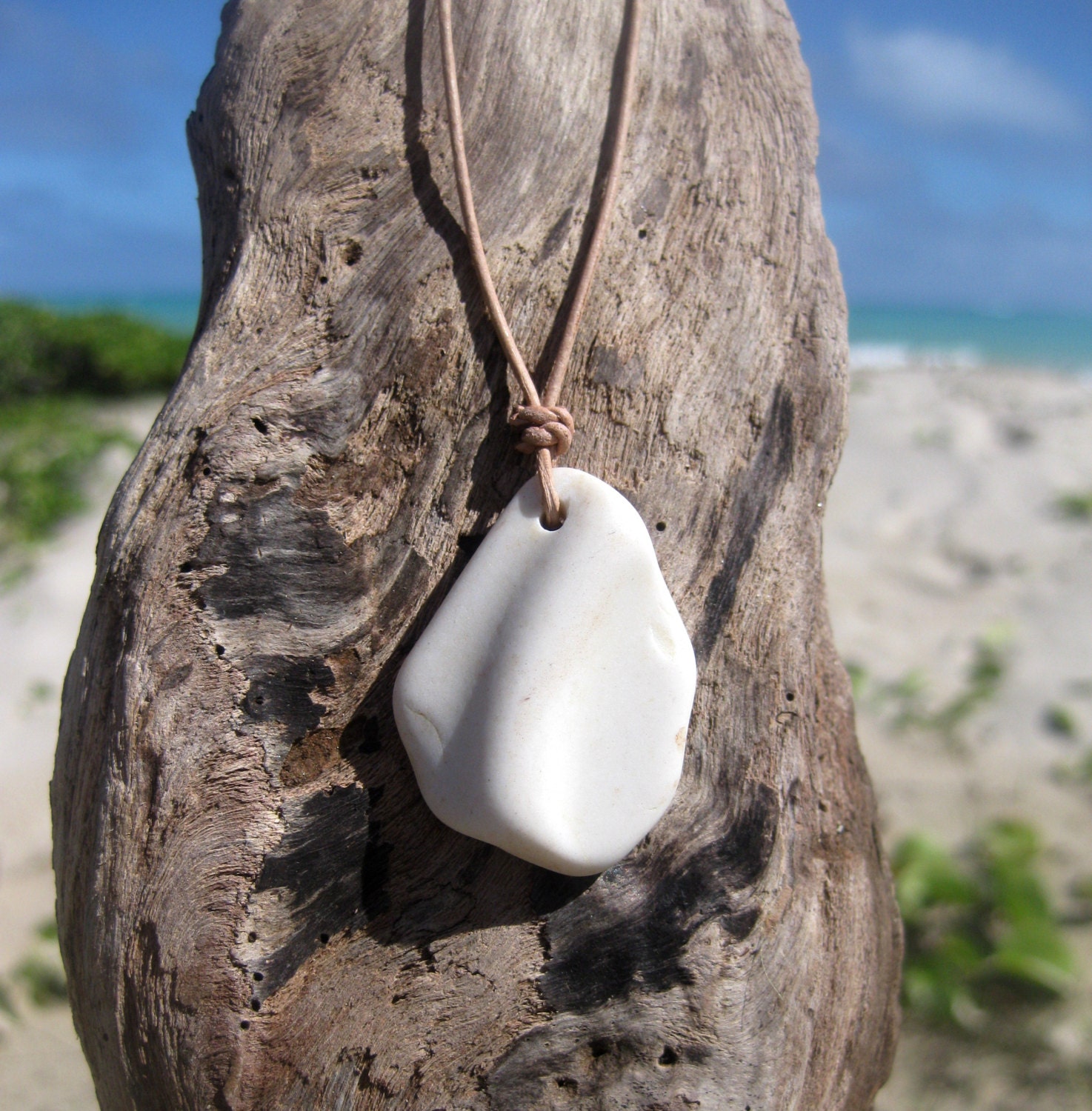 Hawaiian Unique White Beach Pottery on India Leather Necklace