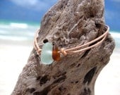 Hawaiian Aqua Blue Beach Glass and Amber Brown Beach Glass Tiny on India Leather Cord Completely Adjustable & Stackable Bracelet