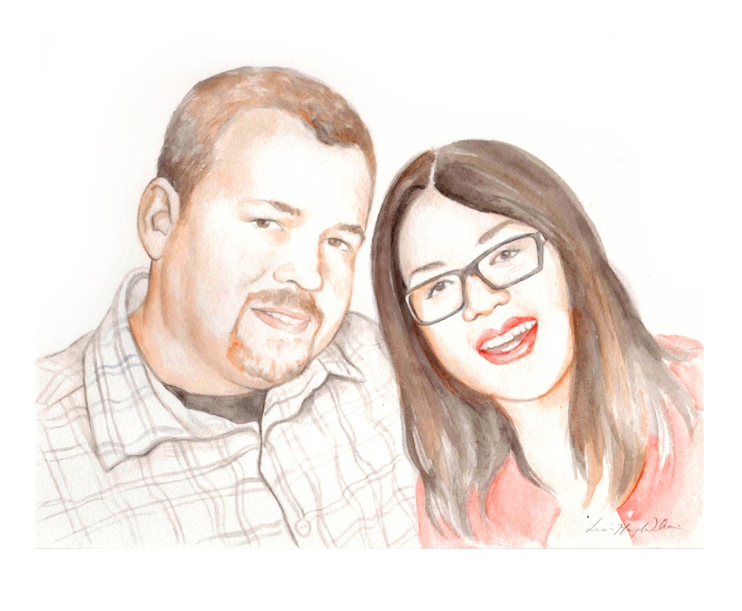 8.5x11 Custom couple portrait, original watercolor painting handmade wall art gift