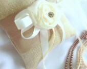 Classic Burlap Ring Pillow, Bridal , Wedding, Vintage Rhinestone, Rustic Weddings -  Winter, Spring, Summer, Fall, Wedding - Cafe Au Lait