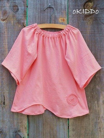 Baby Girl Dress in Salmon with Waved A-symmetrical Hem and circle applique - Sizes from 3m to 5T