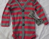 Red and grey striped faux cardigan onsie with coordinating bow tie