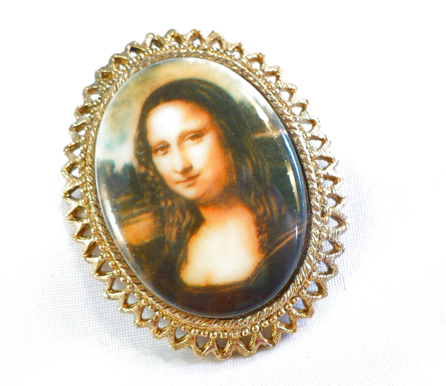 Vintage Porcelain Mona Lisa Portrait Brooch and Pendant
