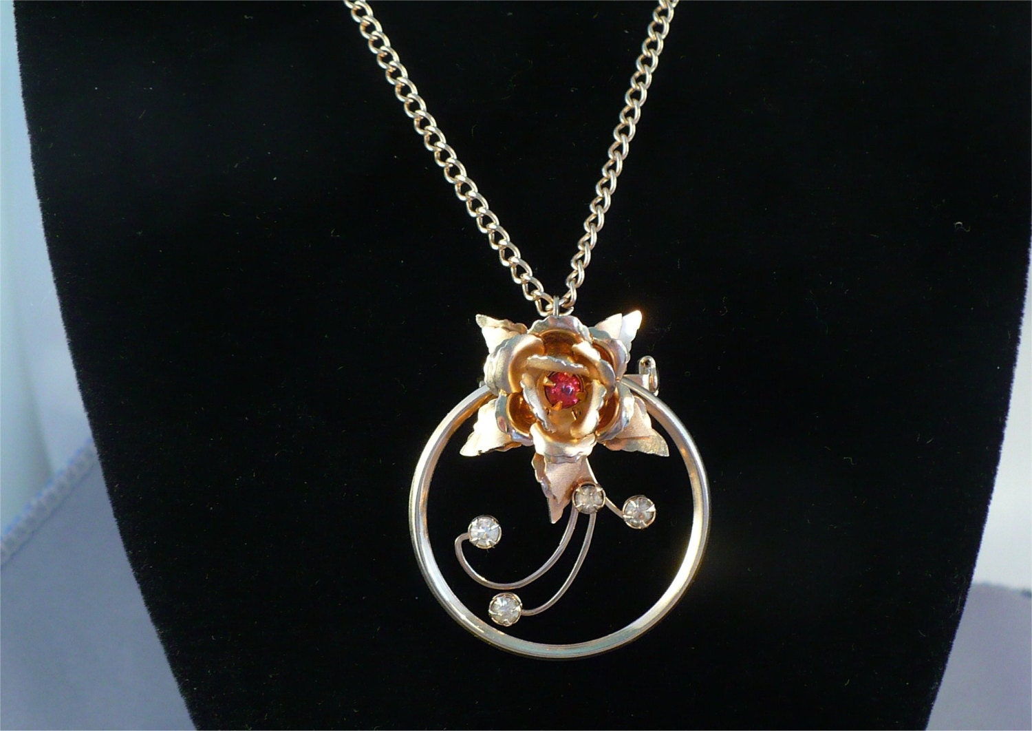 Vintage Rhinestone & Gold 3-D Rose Necklace, Brooch