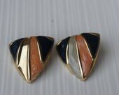 Vintage Blue Green Pink Peach  Enamel Enameled  Gold Pierced Earrings Triangle shape L-048