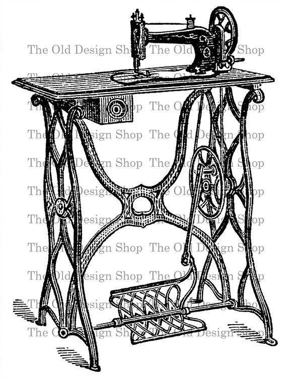 Vintage Sewing Machine Black and White Clip Art Printable Digital Scan Stock Image for Fabric Transfers Mixed Media Graphic Design ETC