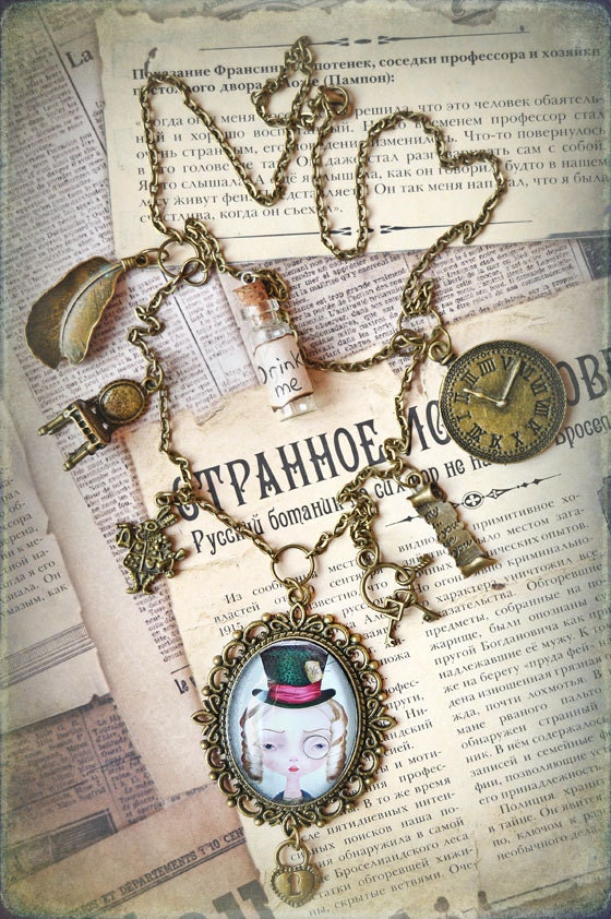 Alice back from Wonderland OOAK Cameo Antique Bronze Art Necklace by Odd Princess