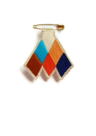 Chevron diamond badge embroidered coral blue peach tan brooch Tuareg inspired