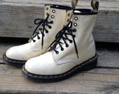 Vintage 90s Baby Pastel Yellow Original Dr. Martens Air Wair Lace Up Ankle Boots with Black Laces Women's Size 6.5