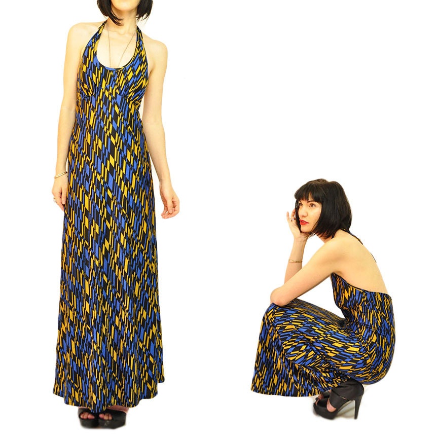 RARE 1960s HALTER DRESS / op art / graphic / bold / slinky / sexy / low back / cobalt / black / gold