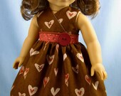 American Girl Doll Clothes  - Sundress and Hair Bow in Brown and Coral Heart Print