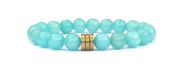 Stretch Beaded Bracelet // Birthstone Jewelry // Aqua Blue Jewelry // Vintage Gold Brass Disk Charms // Aqua Blue, Seafoam // Handmade Gift