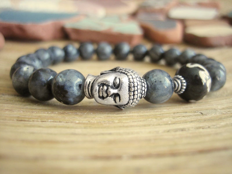 Buddha Bracelet - Black Moonstone Beads and Silver Buddha Head with Nepalese Om Mala Bead, Blue Grey Yoga Bracelet