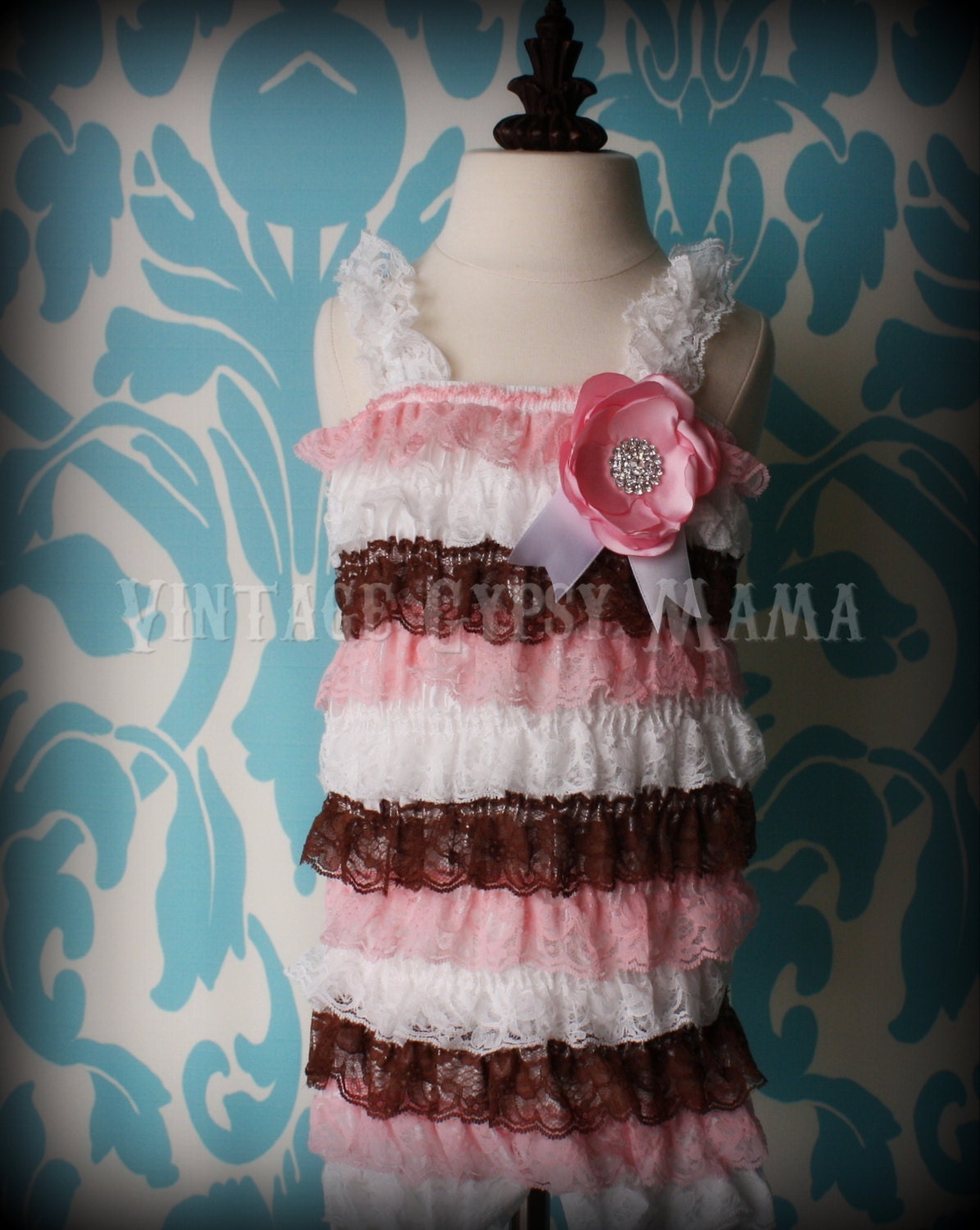 FREE SHIP Petti Romper Neapolitan Pink And Brown Ruffled Lace Pettiromper Custom 6 mos 12 Mos 1 Year 2T 3T