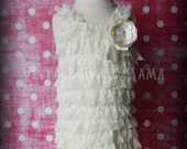 FREE SHIP Petti Romper Cream Ruffled Lace Pettiromper Custom Satin Bow Satin Flower With Rhinestone Center 6 mos 1 2 3
