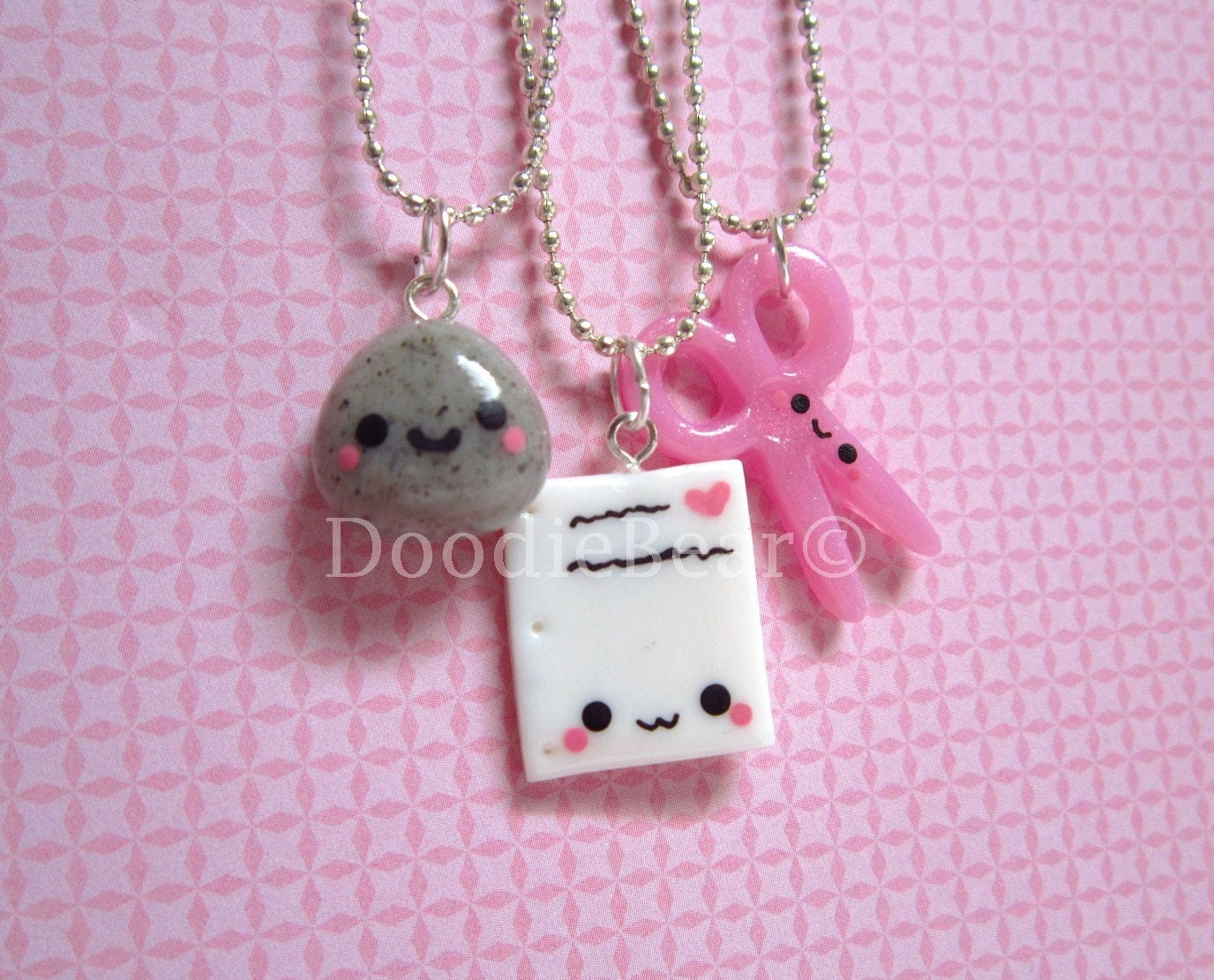 Rock Paper Scissors Best Friends Kawaii Cute Polymer Clay Charms Necklace - 3 Piece Set