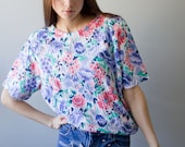 Vintage Floral Shirt Blouse Tshirt Purple Multicolor Green Pink Swat Large Extra Large XL