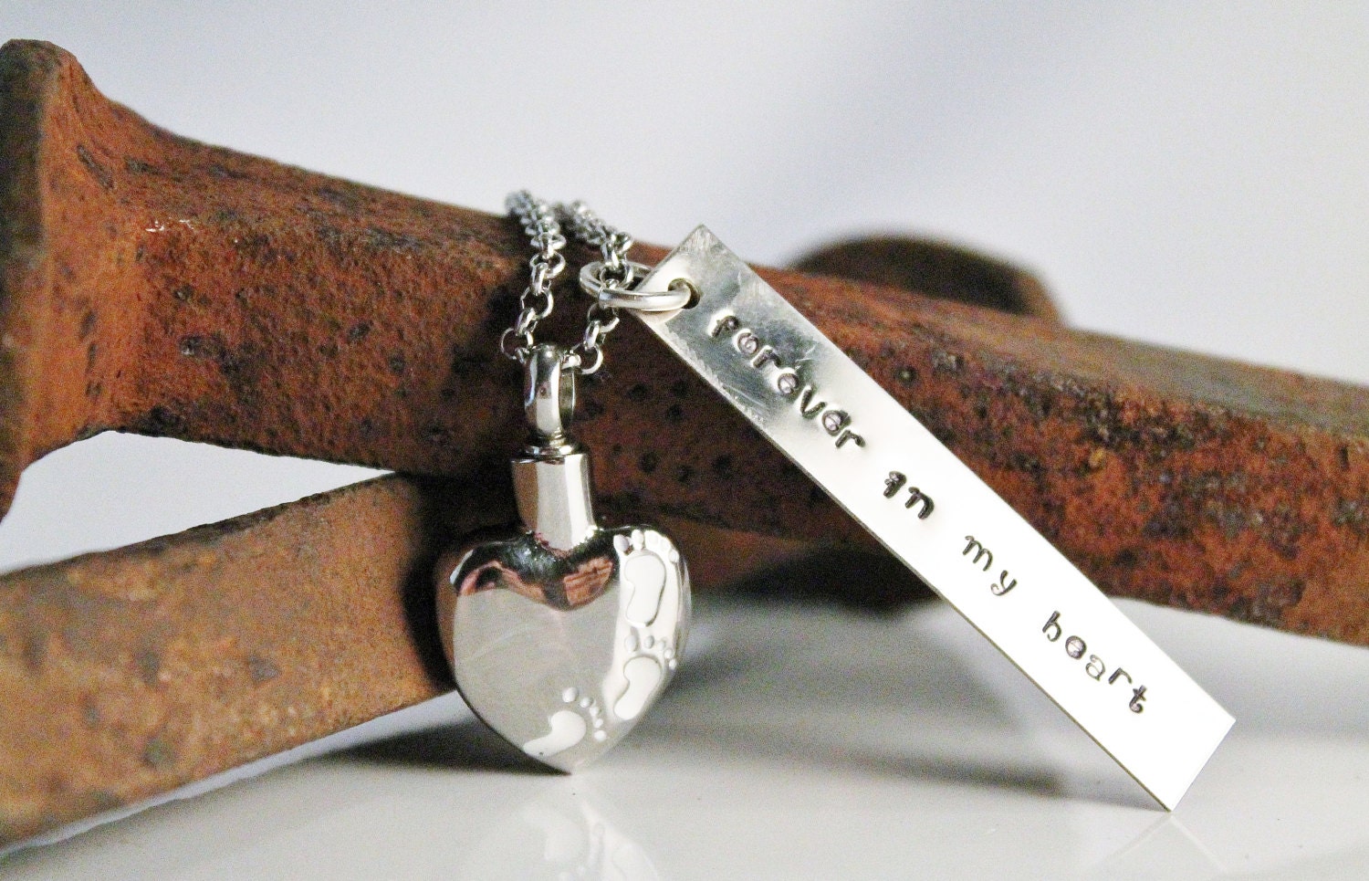 Infant Loss Memorial Necklace with Urn for cremation ashes with hand stamped "forever in my heart"