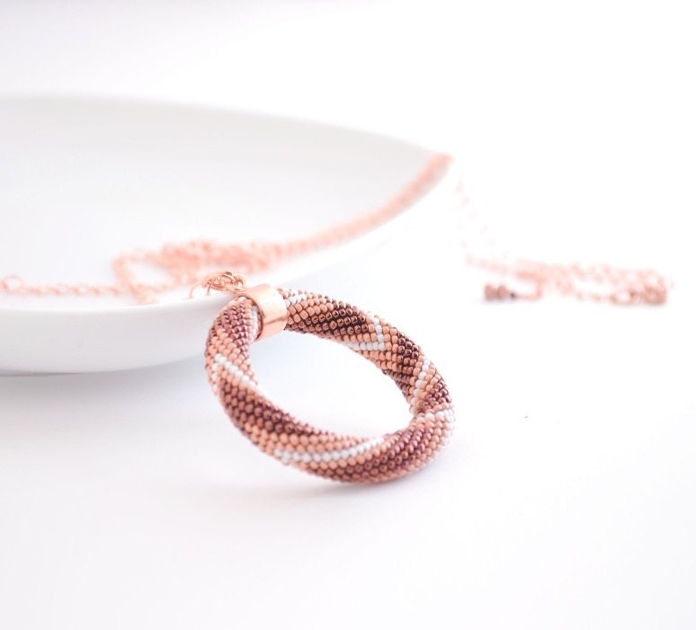 Tangerine Long Necklace, Chevron Coral Pink Round Beaded Pendant, Long Chain, Burnt Orange, Genuine Copper, Bronze Cream, Salmon Peach