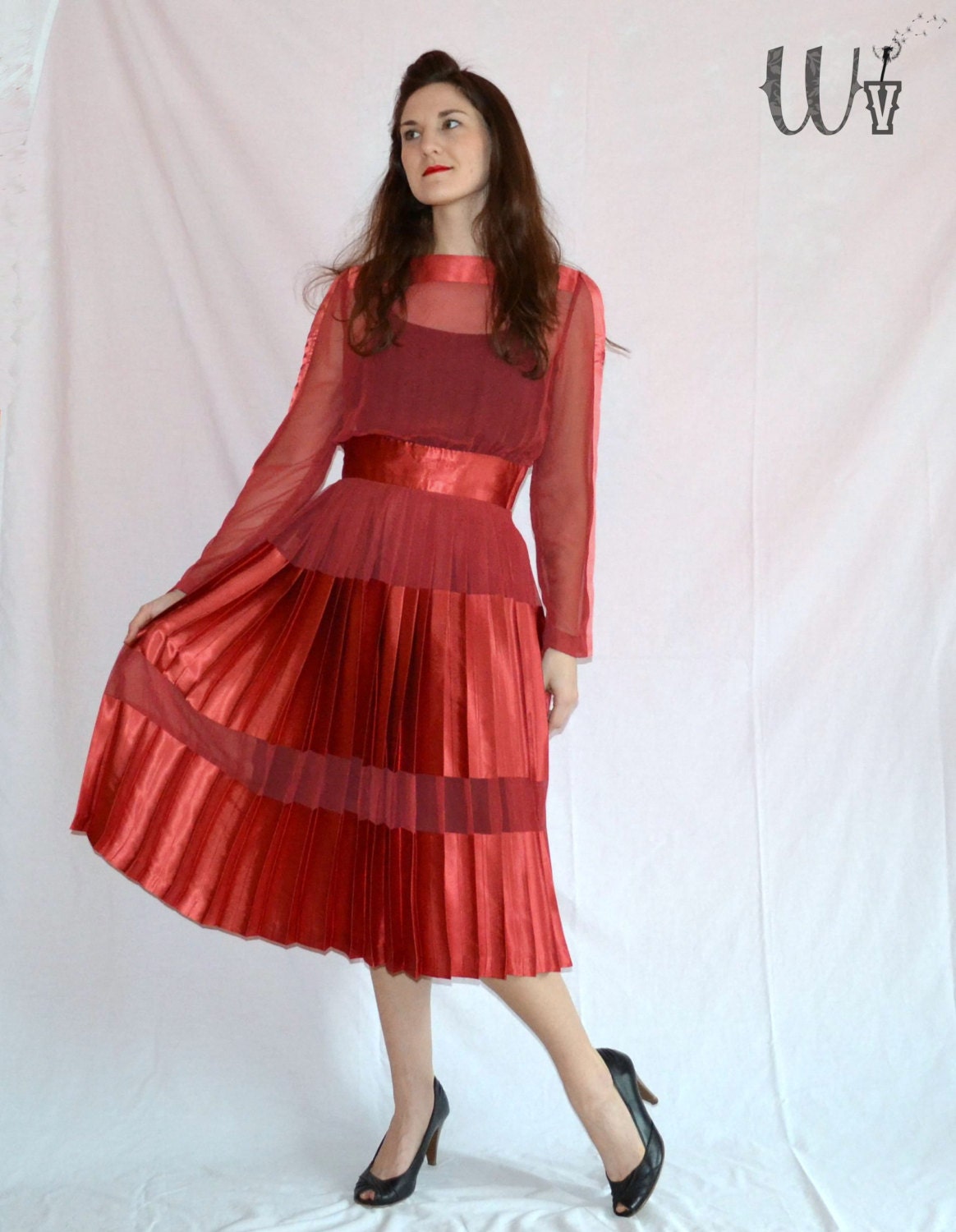 40's Red Evening Dress Vintage / Sheer Long Sleeve
