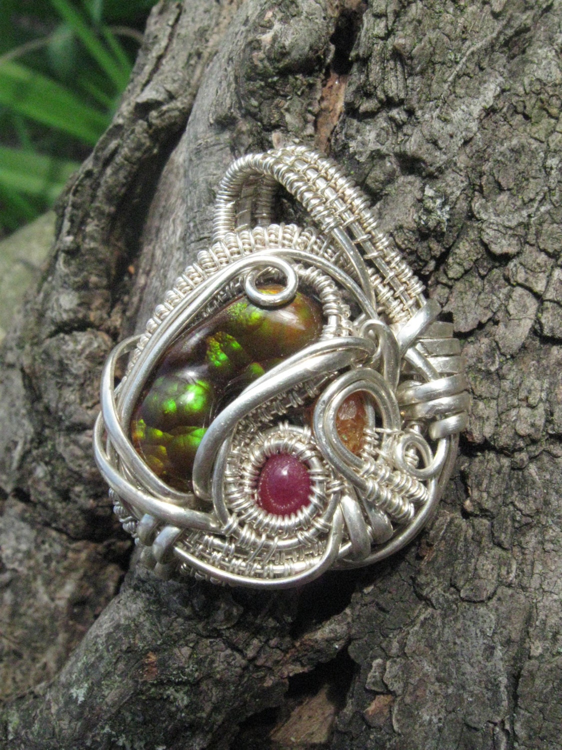 Fire Agate, Ruby and Spessartine Garnet Wire Wrapped Pendant in Sterling Silver