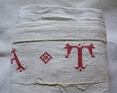 FREE SHIPPING // Antique French linen bed sheet with cross-stitched initials "AT". Circa 1800s