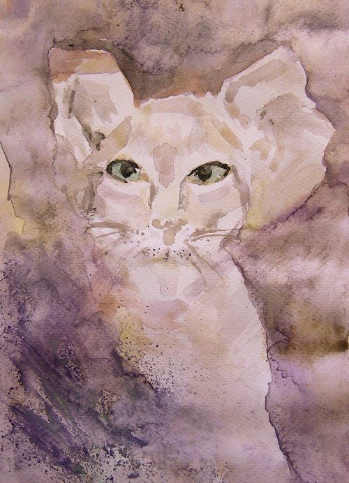 Art Watercolor - Print Original  Painting 8x11 Animal Cat  Spring Home Decor Illustration brown beige purple blue