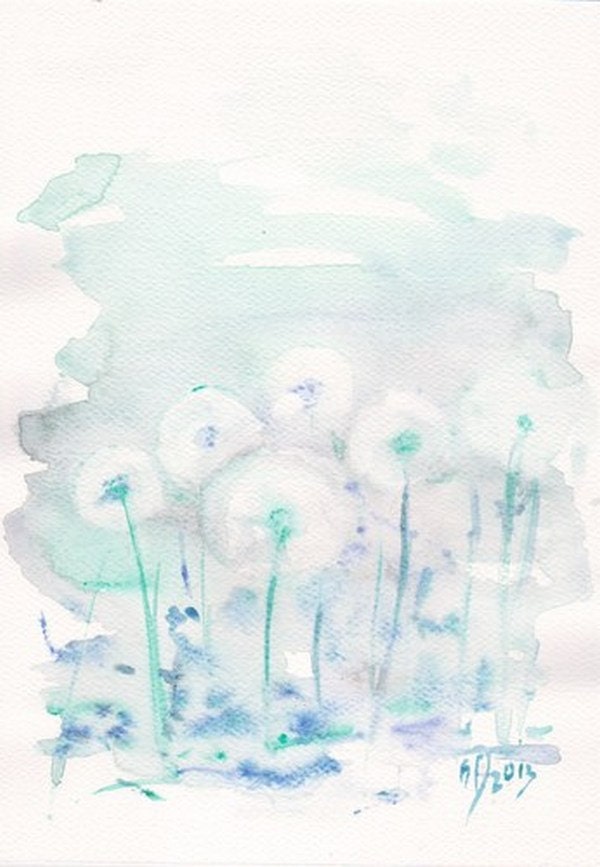 Sale - Buy 2 Get 1 Free Art Watercolor Painting PRINT  flower 8x11 floral country  home decor illustration navy blue turquoise dandelion