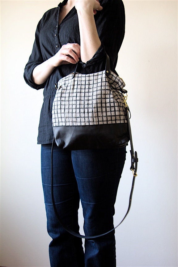 Day Bag Screen Printed Linen Black Leather Handles