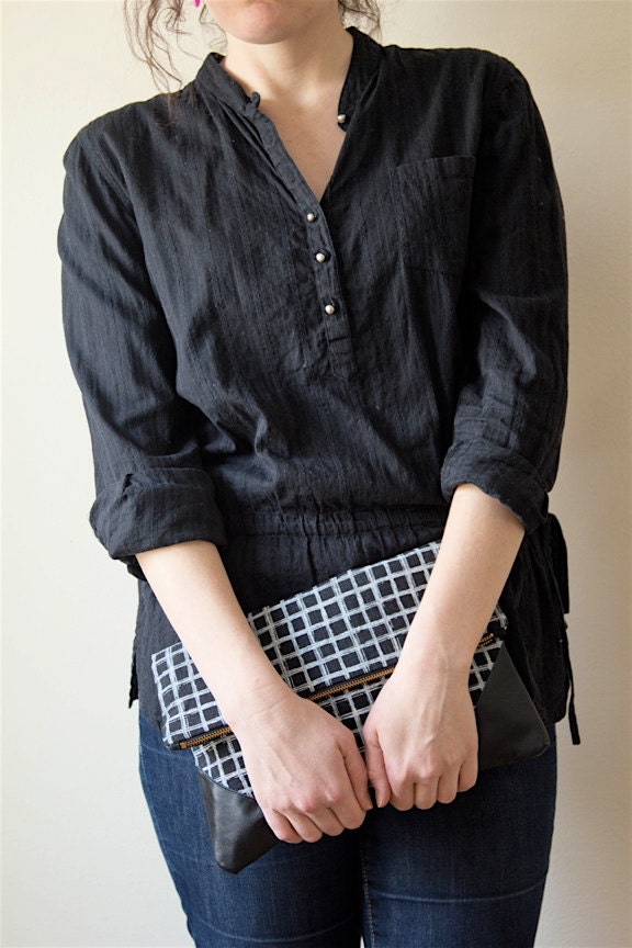 Screen Print Grid Fold Over Clutch Linen