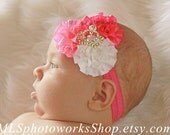 The Little Princess Headband - Baby Girl Pink Princess Birthday Hair Bow - Pink & White with Tiara Crown Rhinestone - Made to Order