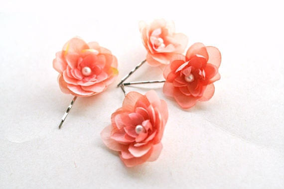 Coral Pink Flower Hair Pins (4 pcs) Light Pink Flowers Bride Bridesmaids Pink Bridal Head Piece Wedding Hair Accessories Small Hair Flowers