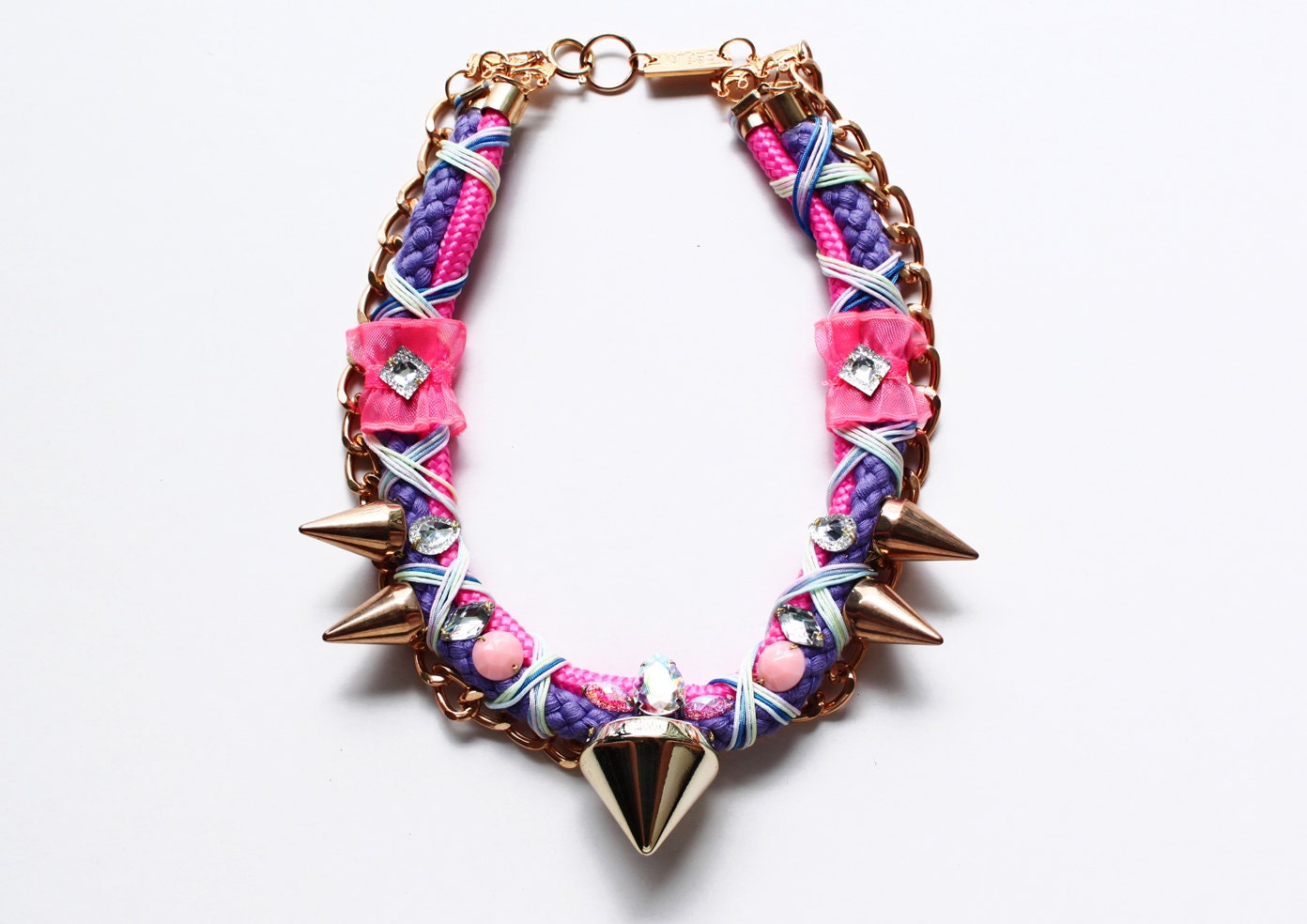 Prodigy, neon rope stud necklace with pastel rhinestones, collar, purple pink, SS13, punk, unique statement necklace, OOAK