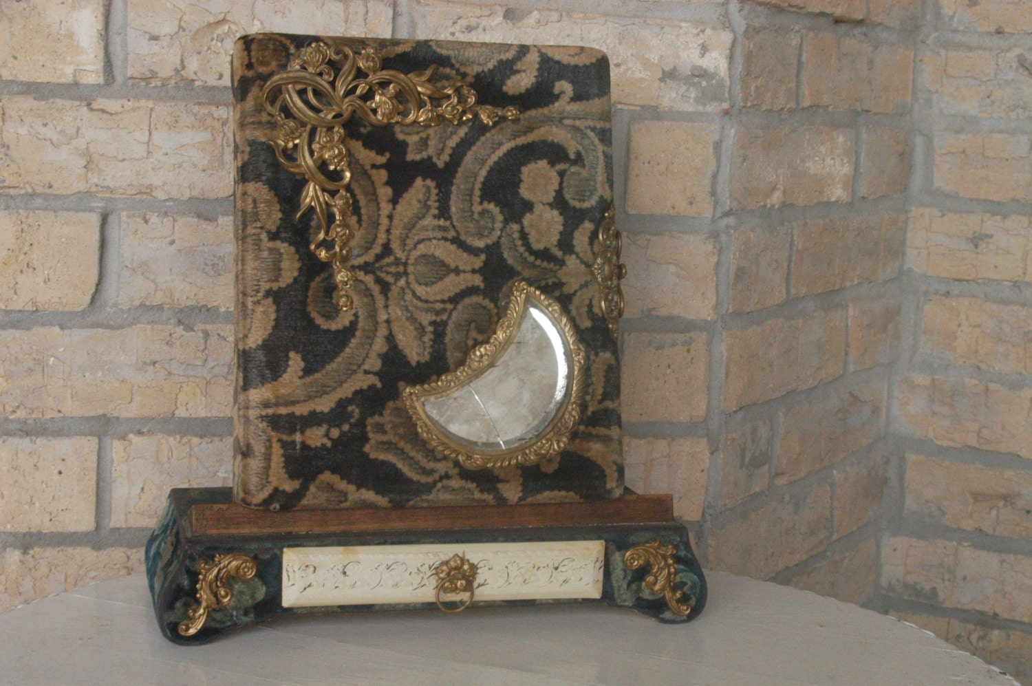 Antique Victorian Ornate Photo Album with Beveled Mirror and Matching Stand with Drawer Floral Tapestry Moon Mirror 11 Photographs