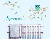 Owl on a Branch with Birds and Custom Name Wall Decal for Baby Nursery, Kids or Childrens Room