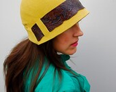 Gold hand blocked Spring  Cloche / tooled leather / Womens hat