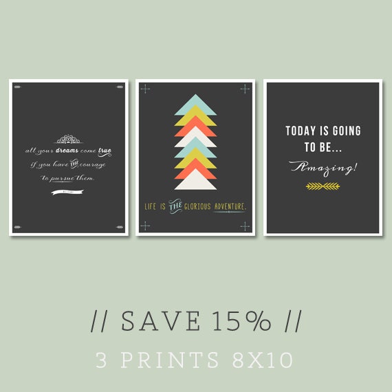 Collection of Three 8x10 Prints - Sale, Discounted Set, Inspirational Quotes, Hipster inspired Posters, Chalkboard, Dark Grey, Abstract Art