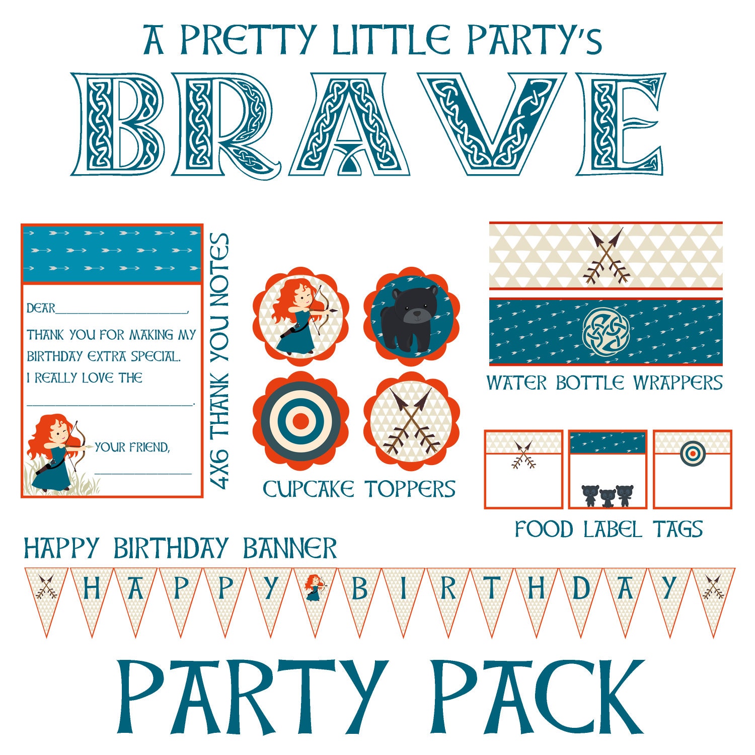 BRAVE inspired Party Pack - Princess Merida - Brave - Party Supplies - INSTANT DOWNLOAD