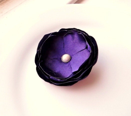 Lapis Purple Flower Hair Clip, Deep Purple Bridesmaids Bridal Gift, Pearl, Simple, Fascinator, Satin Fabric Flower, Alligator