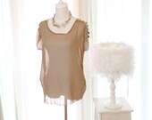 Rocker urban Brown Sheer See Through Chiffon Leak Shoulder Rivet Studded blouse Top