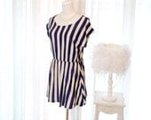 Casual Retro Style Dolman Striped Dress Smooth Navy Beige Tunic sundress Jersey Marine Spring