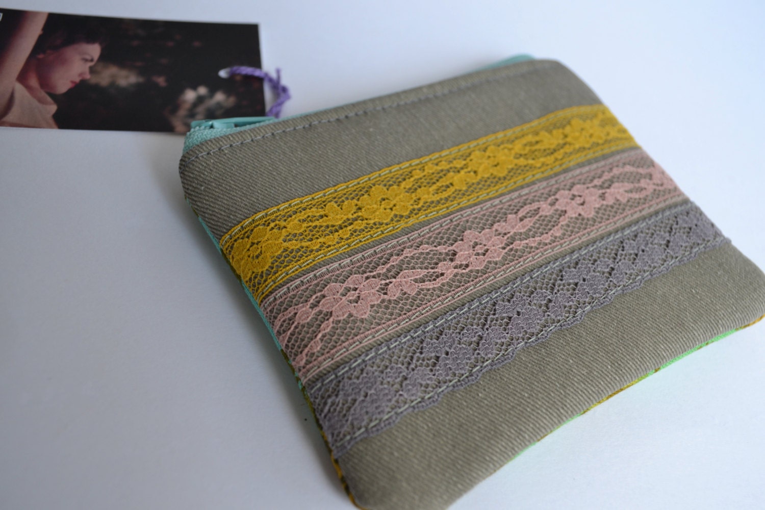 The Allison - floral vintage lace zipper pouch with zipper closure denim and vintage floral cotton canvas
