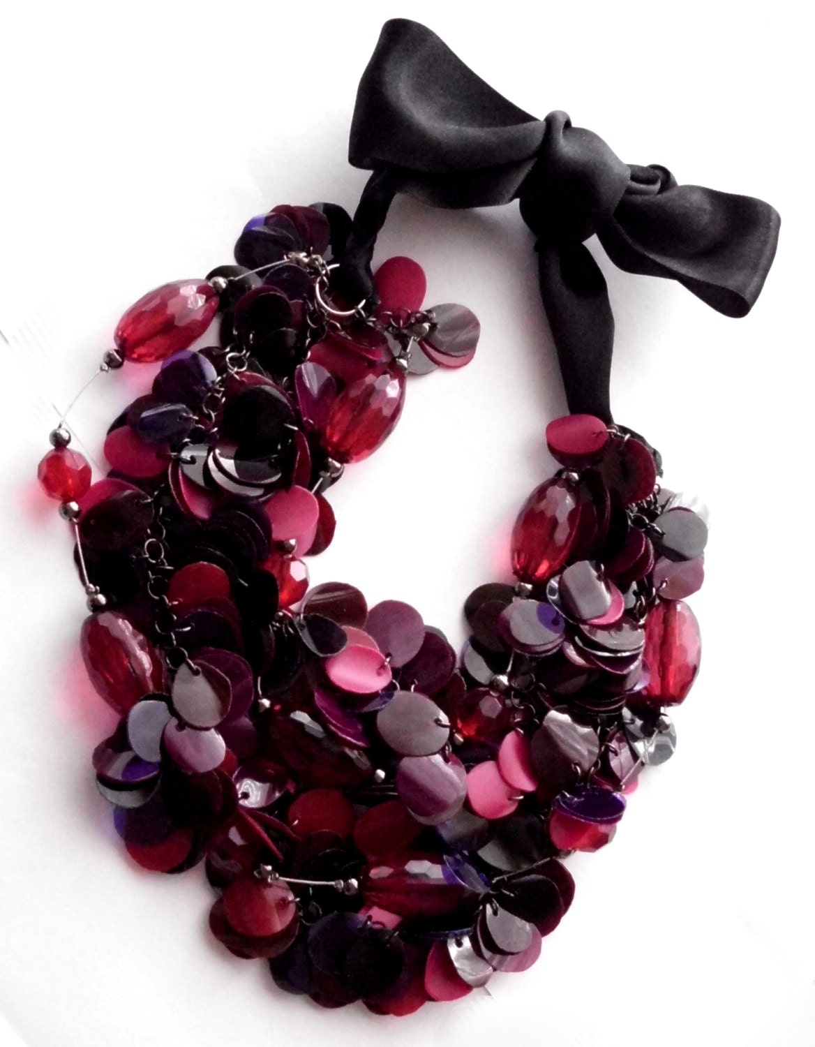 Upcycled statement necklace made of recycled plastic bottles, chunky red necklace, purple, black