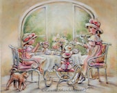 Tea party, girls, Teatime , Big Sister, Little Sister, Dolls, English tea, print, sisters, tea. 8x10
