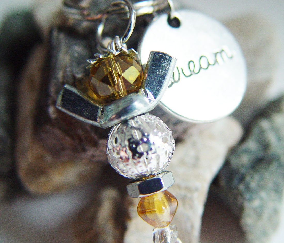Golden Yellow iridescent Beaded Silver Wingnut "Dream" Angel Charm Keychain