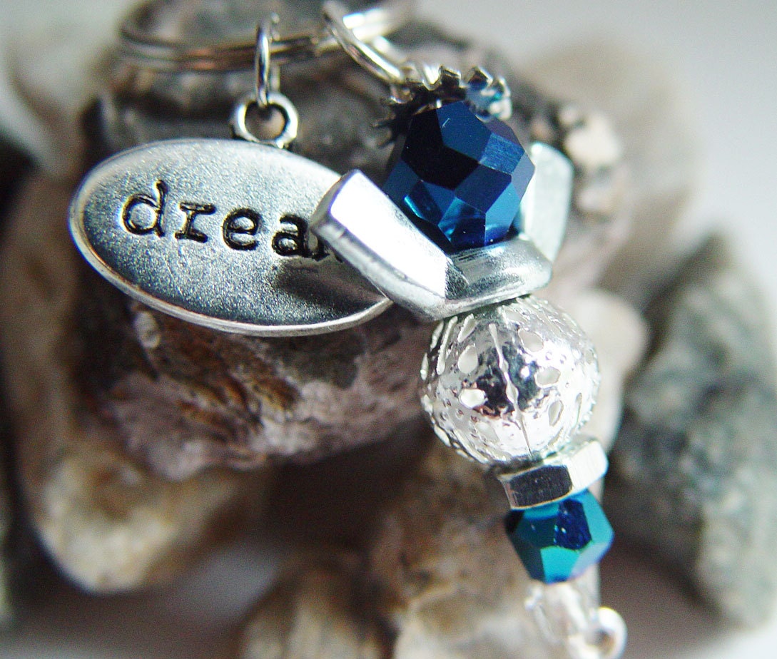 Iridescent Blue Beaded Silver Wingnut "Dream" Angel Charm Keychain