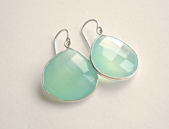 Aqua Chalcedony Earrings Gemstones Bezel Set in Sterling Silver - Large, Faceted Briolettes - Unique Beautiful Framed Stone Jewelry
