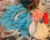 hair accessory-headband-turquoise large 5" x 4" chiffon flower with-pink and white rosettes, pearls on white lace headband